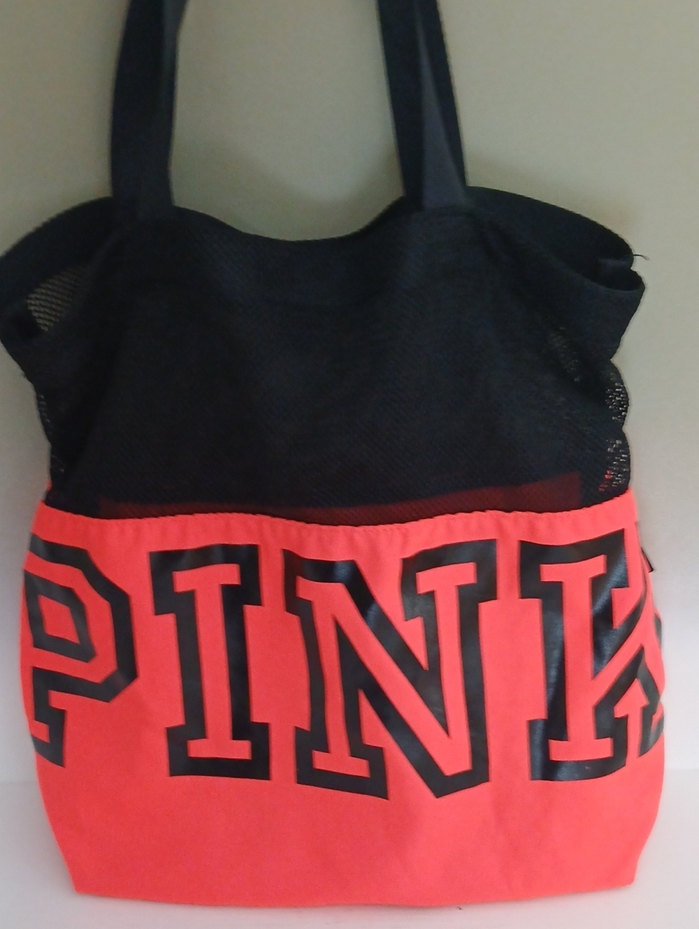 PINK Victoria's Secret Black Mesh and Coral Tote nwot